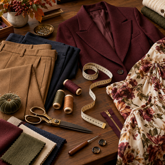 Fall wardrobe pieces and tailoring tools arranged for a closet audit at ModeBiBi in Philadelphia