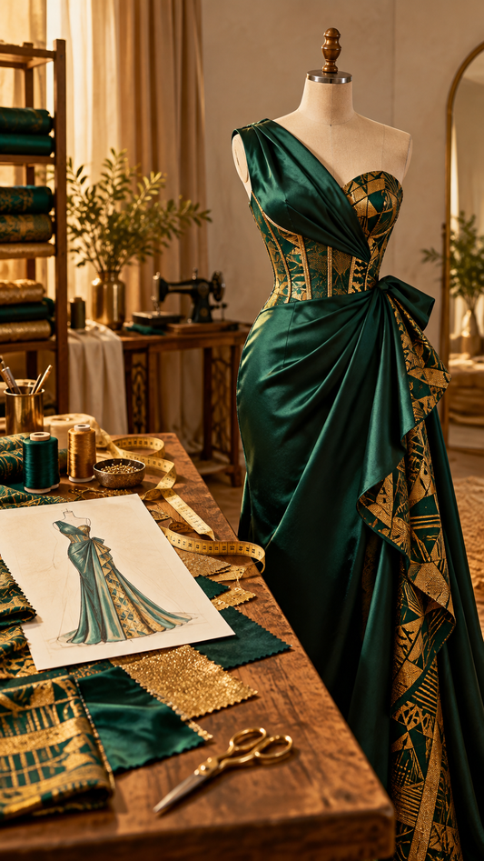 Emerald and gold custom evening dress on a dress form beside a fashion sketch and tailoring tools