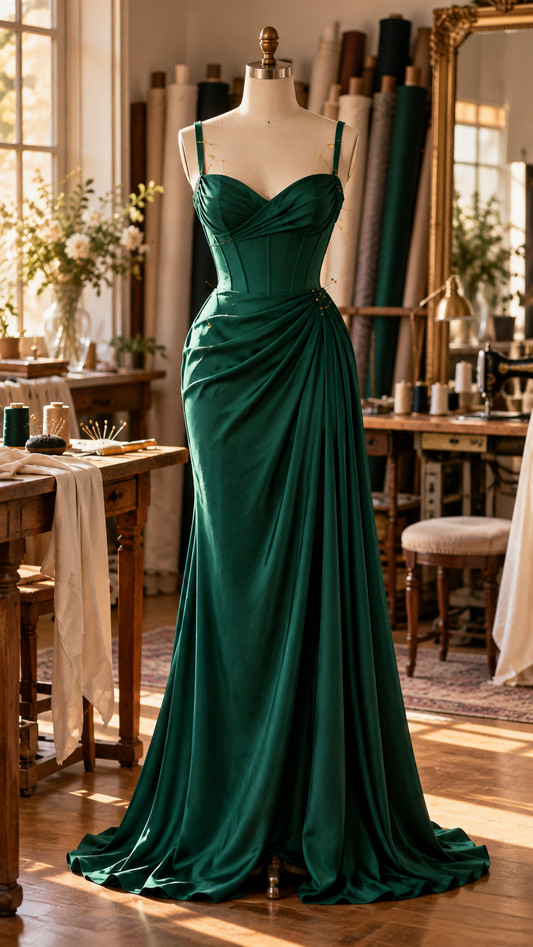 Emerald formal dress on a dress form in a tailoring studio, illustrating fit and silhouette.