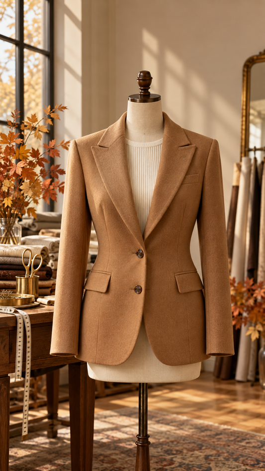 Camel blazer on a dress form in a warm autumn tailoring studio