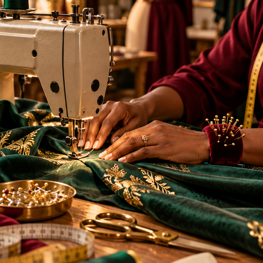 ModeBiBi tailor sewing emerald and gold fabric in a Roxborough atelier