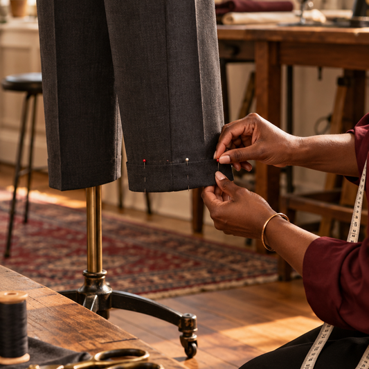 A tailor pins the hem of charcoal trousers in the ModeBiBi atelier.